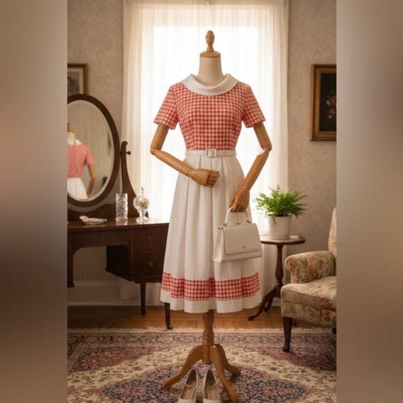 Vintage 1950s Red Gingham Fit & Flare Dress Large • Rockabilly Mad Men Checkered - Picture 5 of 5